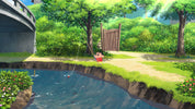 Animated character fishing by a pond with a bridge and trees in the background