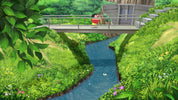 Animated character standing on a bridge over a stream in a lush green forest