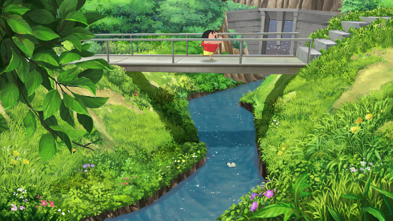 Animated character standing on a bridge over a stream in a lush green forest