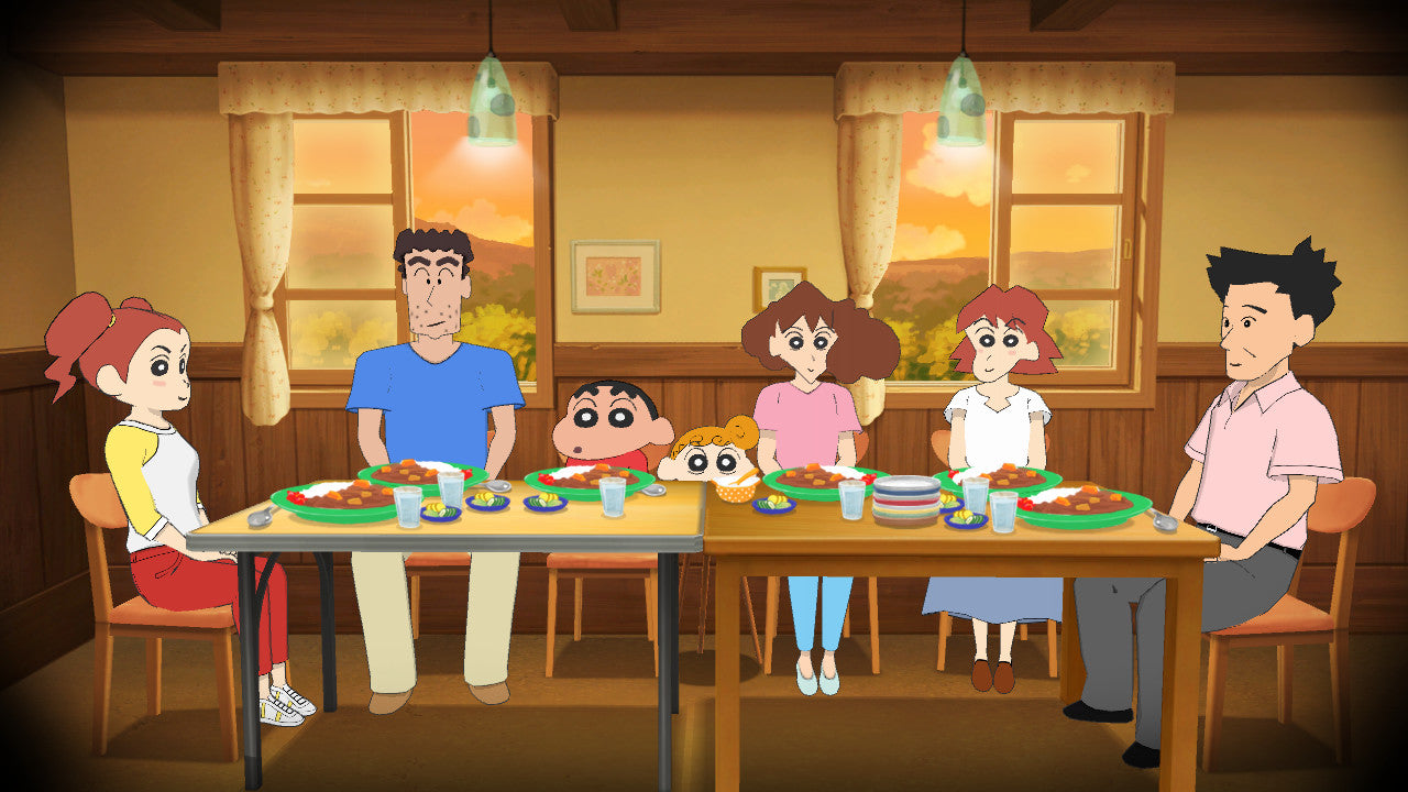 Animated family sitting around a dinner table in a cozy room.