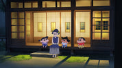 Four animated characters in front of a traditional Japanese house at night.