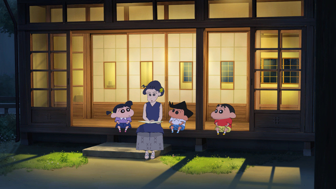 Four animated characters in front of a traditional Japanese house at night.