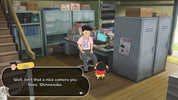 Character in a room with office furniture and equipment, dialogue box present