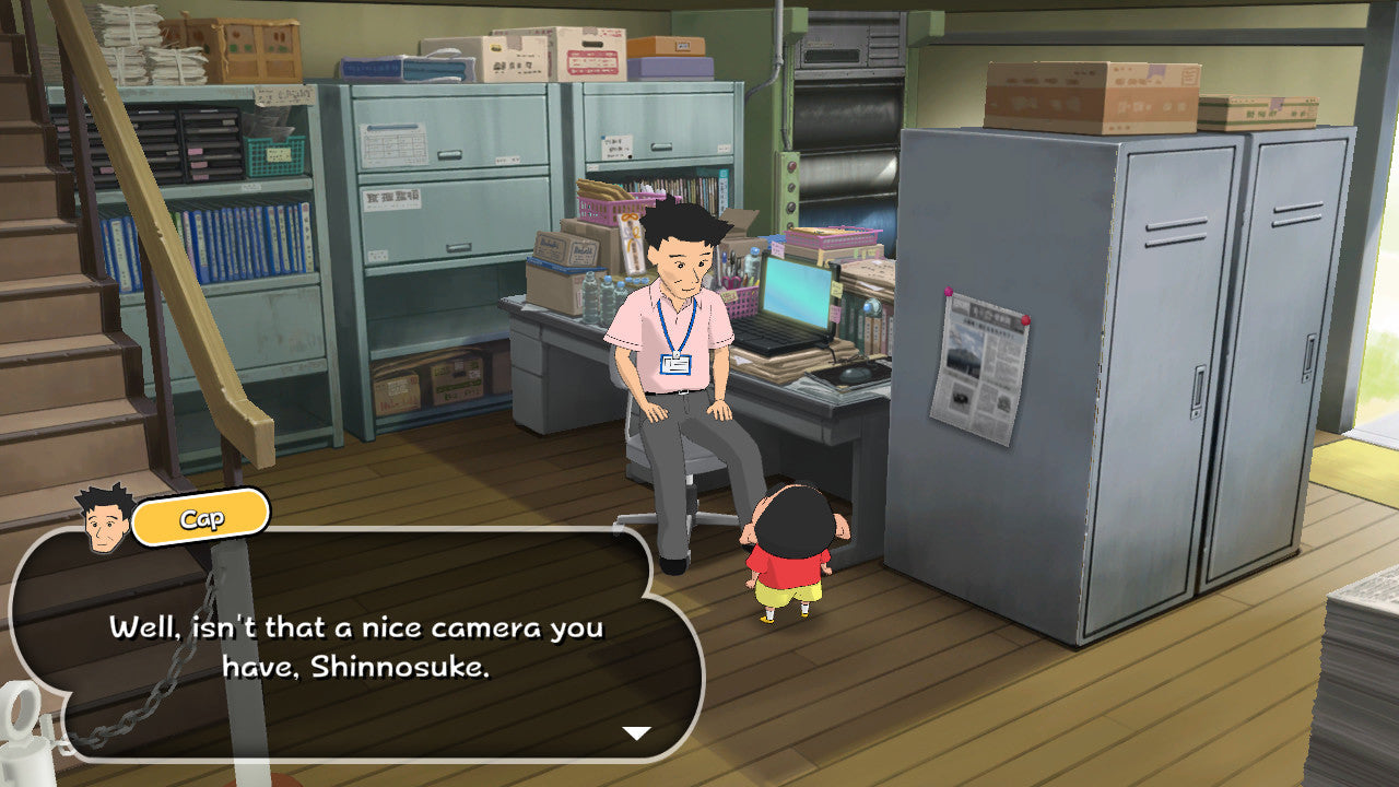 Character in a room with office furniture and equipment, dialogue box present