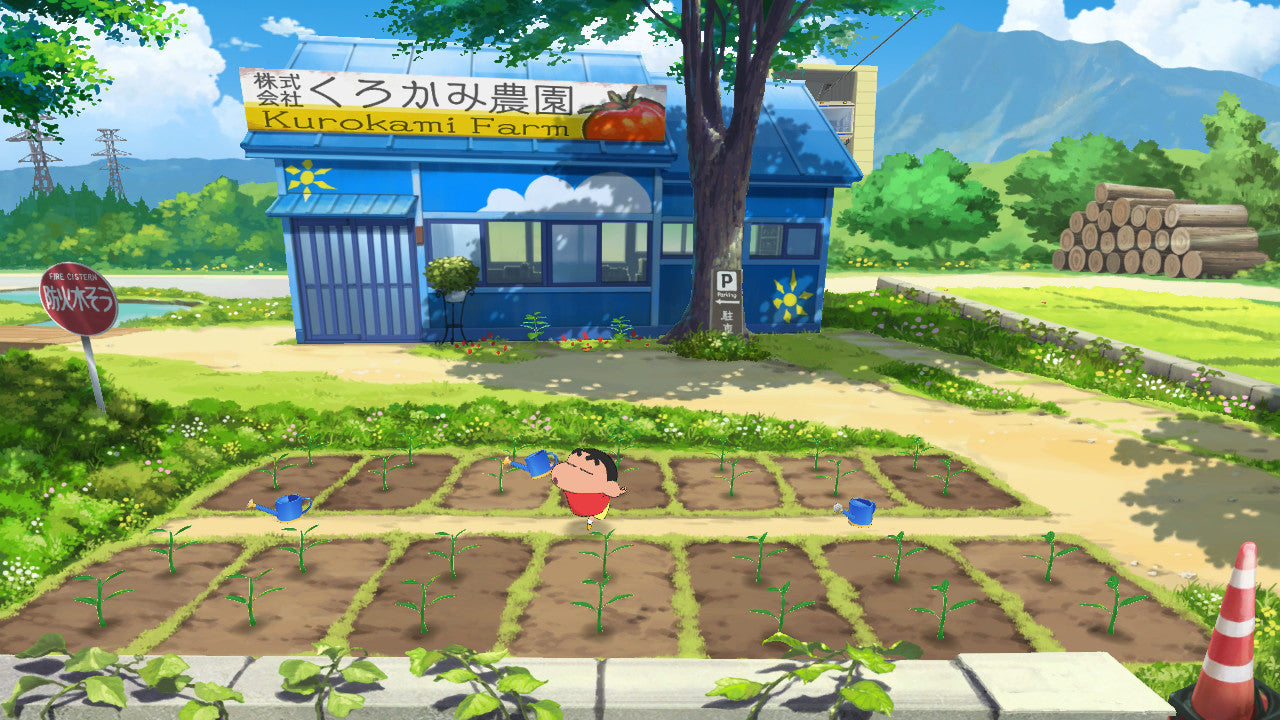 Animated scene of a character in a garden with a building labeled 'Kurekakomifarm' in the background.