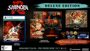 Shinobi Deluxe Edition packaging with game cases, art book, and collectibles on a black background.