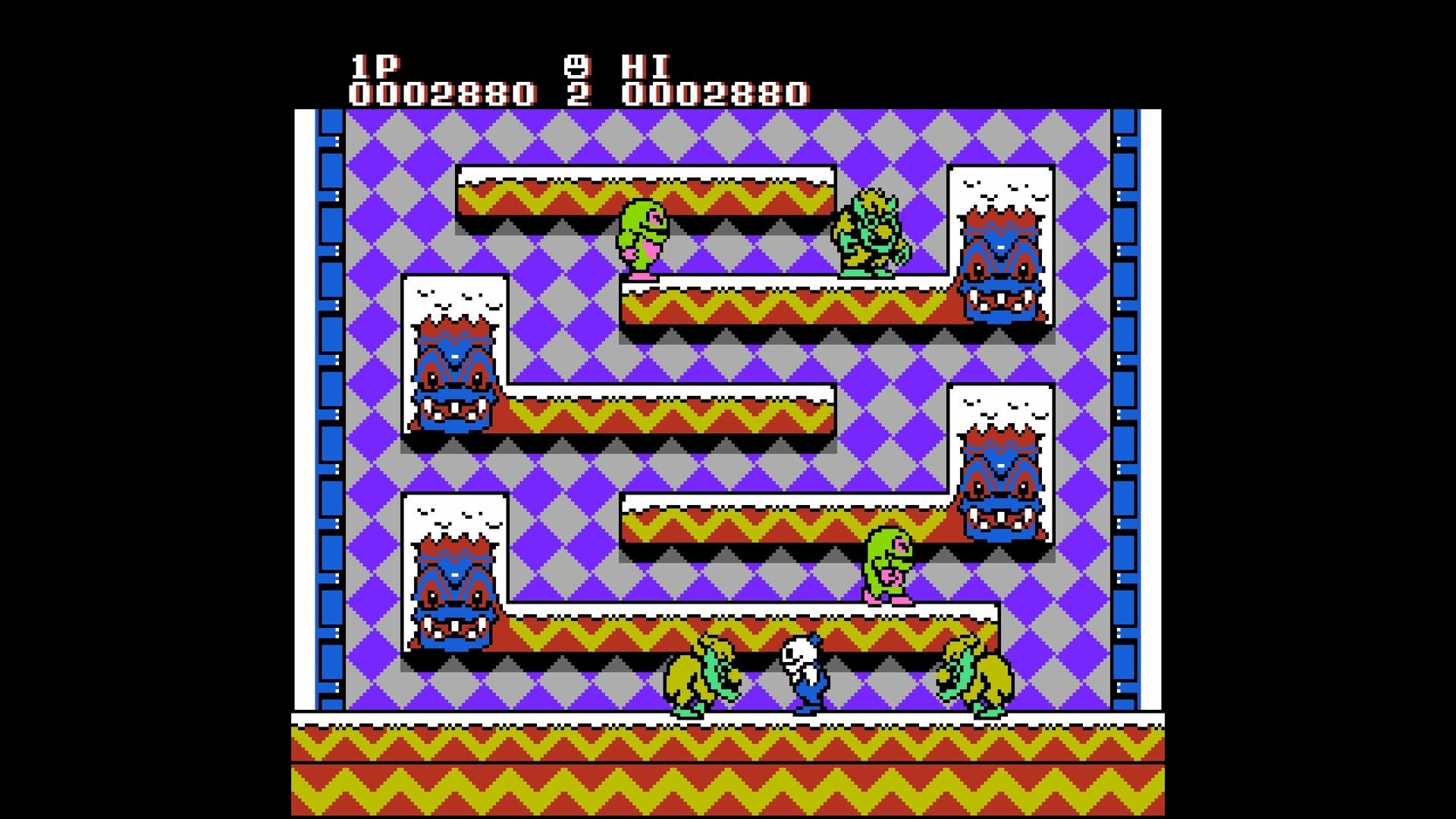 Pixelated video game screen with characters and a colorful patterned background