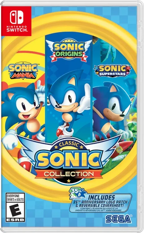 Front cover of the Nintendo Switch game Classic Sonic Collection, featuring Sonic the Hedgehog artwork from Sonic Origins, Sonic Manda, and Sonic Superstars, with the Nintendo Switch logo and SEGA branding.