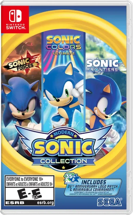 Front cover of the Nintendo Switch game 'Modern Sonic Collection' featuring Sonic the Hedgehog artwork, with visible Nintendo Switch, ESRB, and SEGA branding.