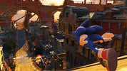 Sonic the Hedgehog running through a detailed, warm-toned sci-fi city environment at sunset, with buildings, bridges, and action-packed scenery.
