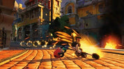 A stylized video game scene showing a cartoon rabbit character sliding across a cobblestone street with a glowing orange effect, surrounded by colorful buildings and sparks in an action scene.