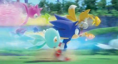 A colorful 3D-rendered scene featuring Sonic the Hedgehog running forward with several friends and pets flying or running around him in a bright outdoor-style setting.