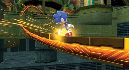 Sonic the Hedgehog running on a glowing orange platform in a detailed, sci-fi themed stone arena with sparks flying.