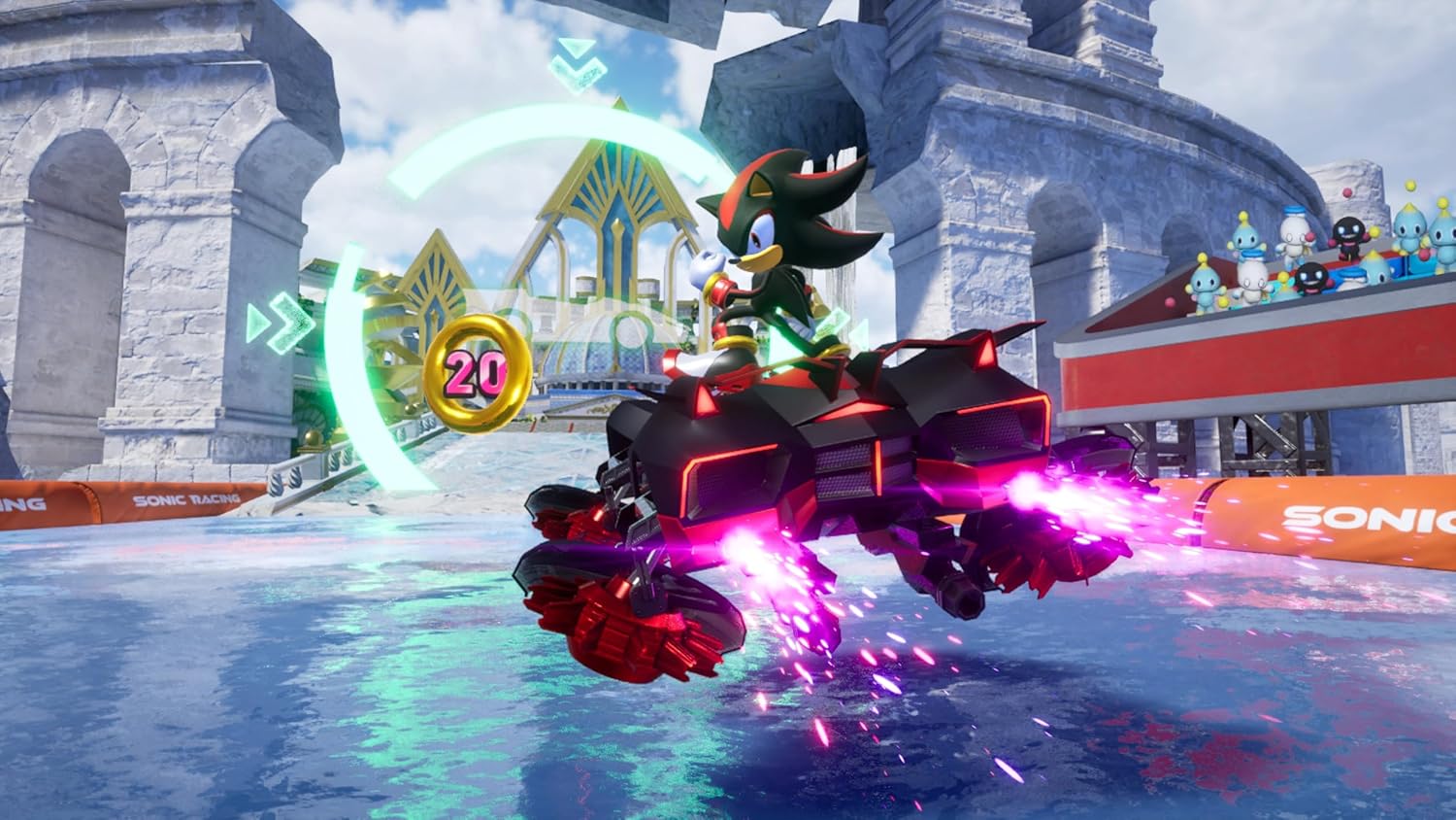 Video game character in a racing vehicle on a track with Sonic the Hedgehog branding.