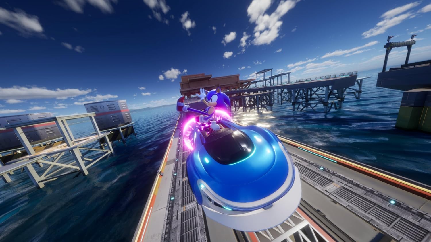 Futuristic vehicle on a dock with ocean and sky background