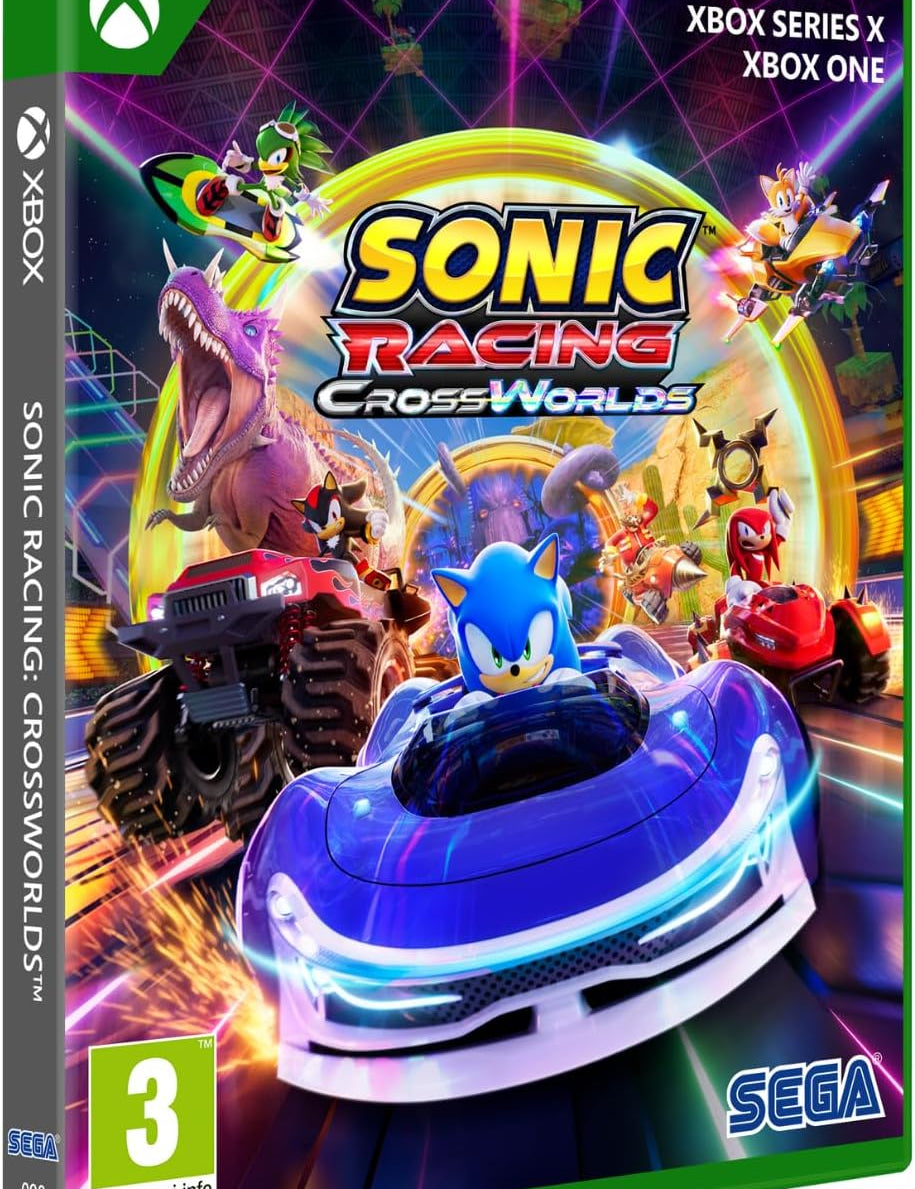 Game box for 'Sonic Racing CrossWorlds' featuring Sonic the Hedgehog and racing cars on a colorful background.