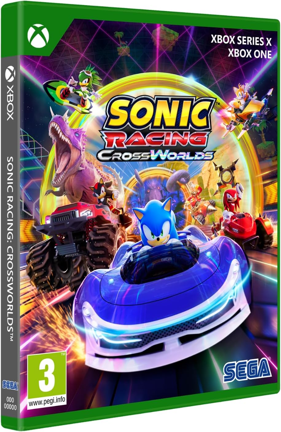 Game box for 'Sonic Racing CrossWorlds' featuring Sonic the Hedgehog and racing cars on a colorful background.