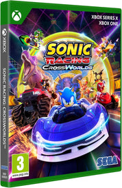Game box for 'Sonic Racing CrossWorlds' featuring Sonic the Hedgehog and racing cars on a colorful background.