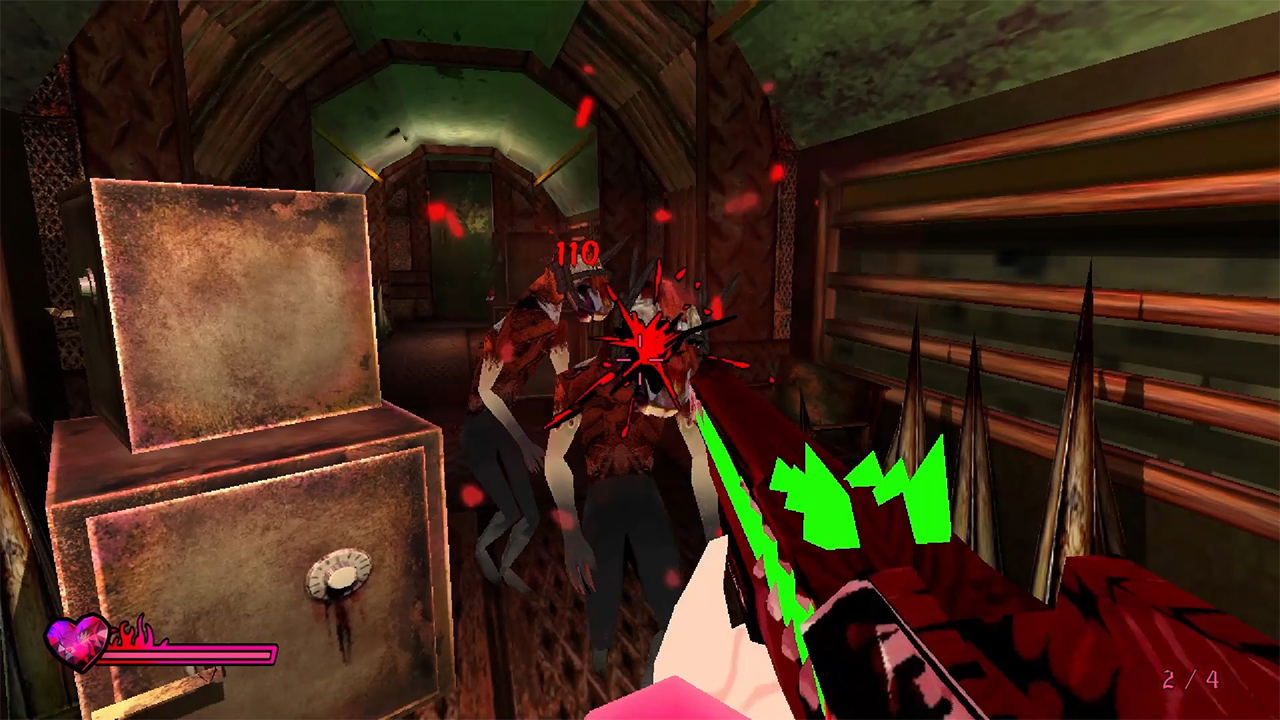 Video game scene with a character holding a weapon, facing a large creature in a dimly lit room.