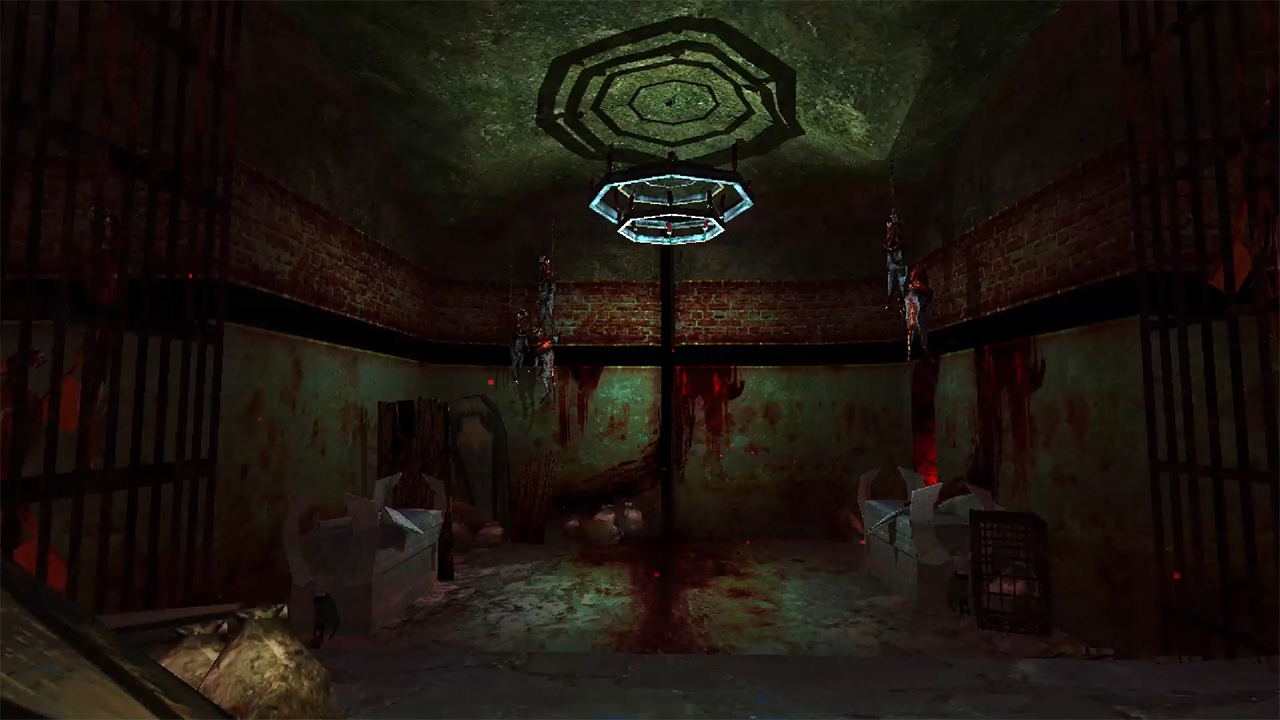 Dark, eerie room with a central table and hanging figures, resembling a horror or thriller setting.