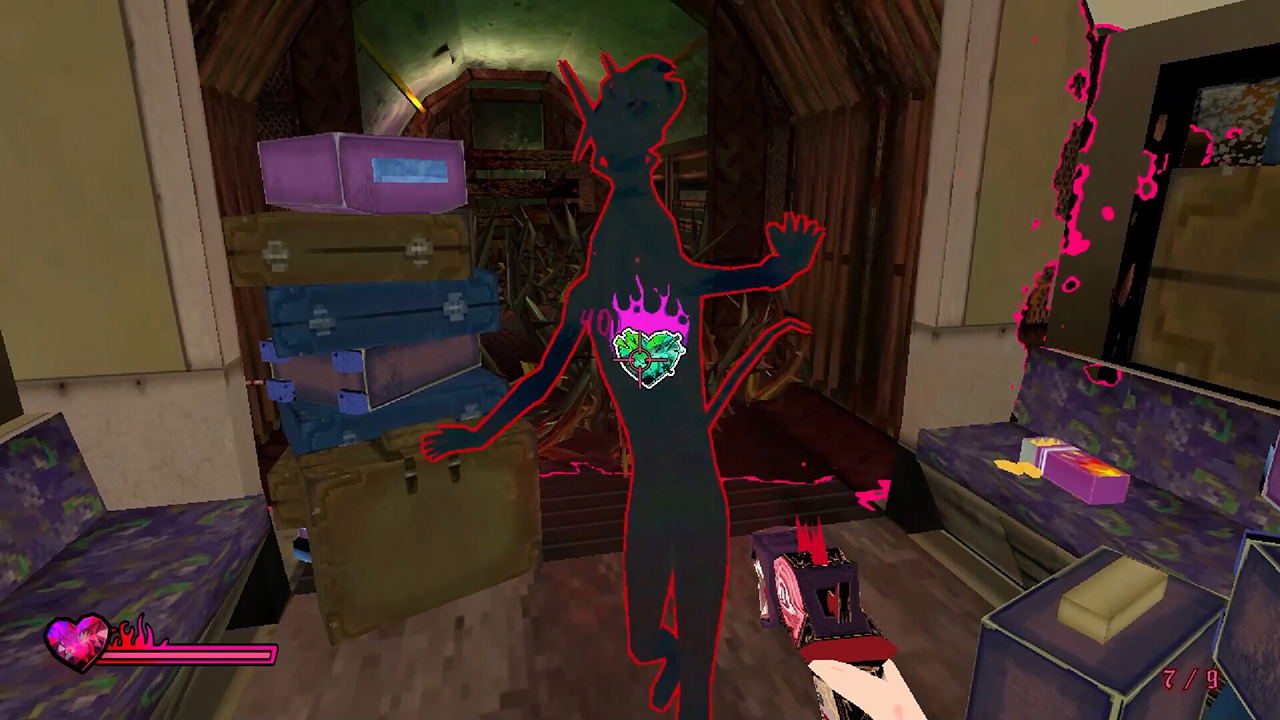 Character in a room with boxes and furniture, holding a device.