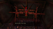 Game interface with a character looking at a large dragon-like creature in a dark room.