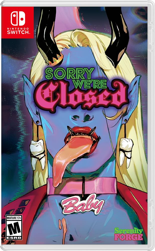 Video game cover for 'Sorry We're Closed Baby' on Nintendo Switch with a stylized alien face and text.