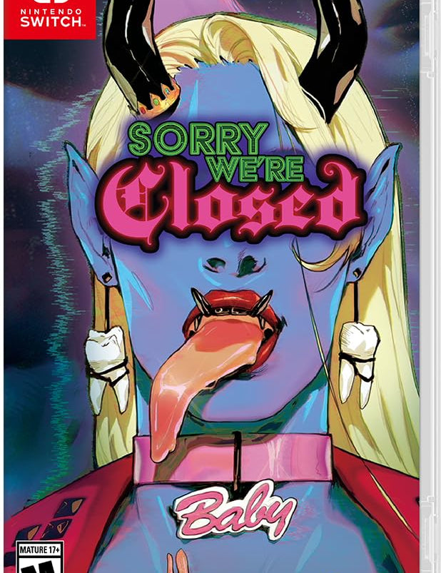 Video game cover for 'Sorry We're Closed Baby' on Nintendo Switch with a stylized alien face and text.