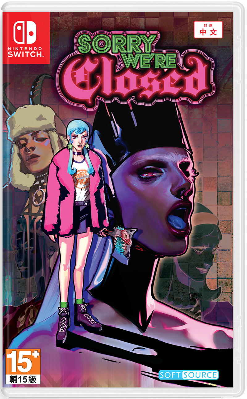 Video game cover for 'Sorry, We're Closed' on Nintendo Switch with stylized characters and neon text.