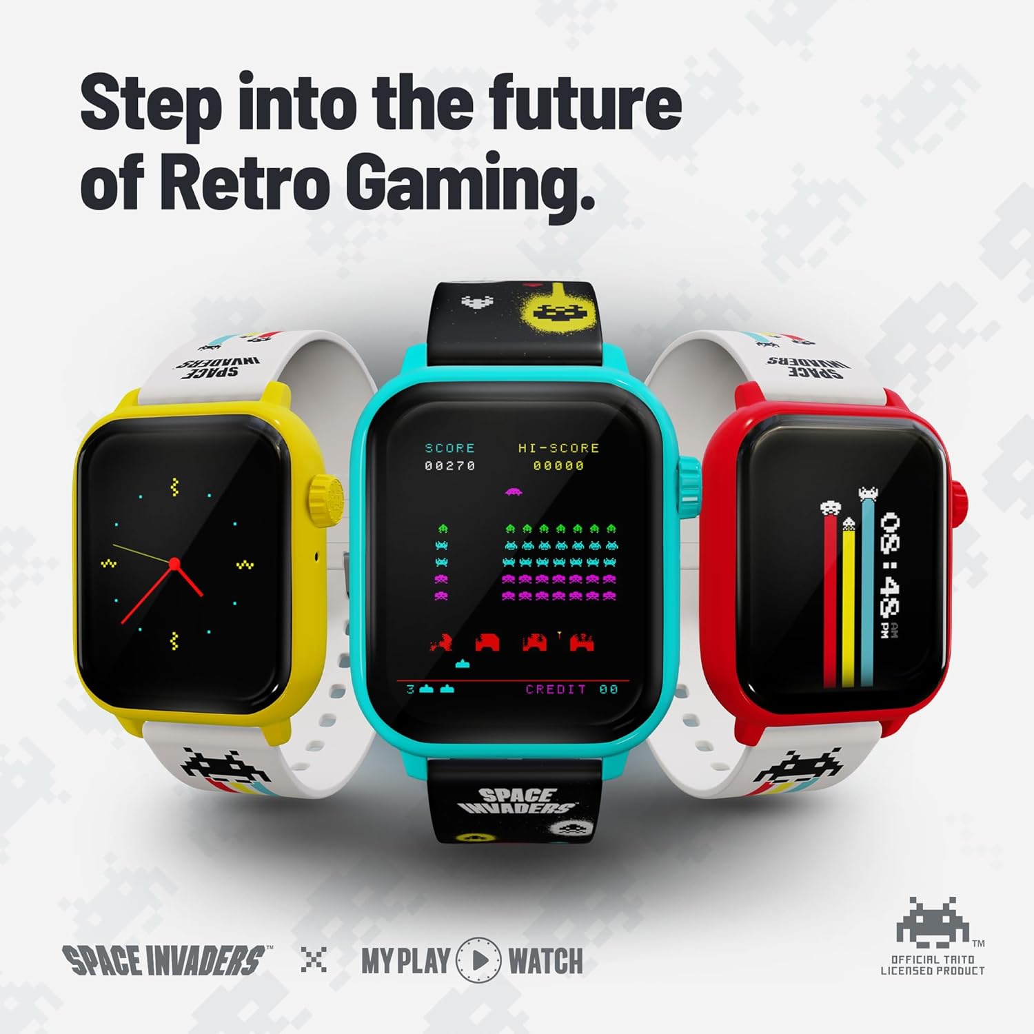 Three Space Invaders-themed smartwatches on a white background with text 'Step into the future of Retro Gaming'.