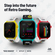 Three Space Invaders-themed smartwatches on a white background with text 'Step into the future of Retro Gaming'.
