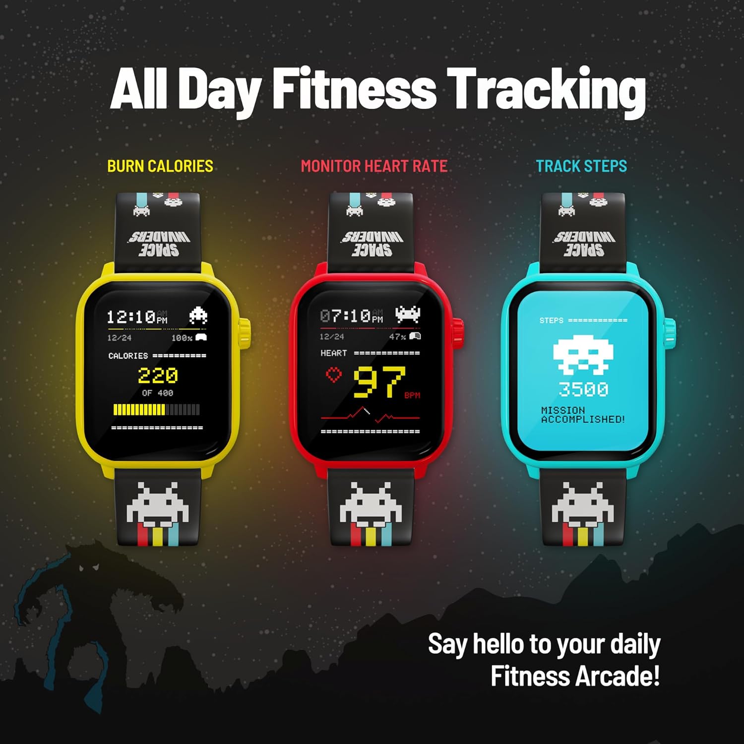 Three colorful fitness trackers with digital displays on a dark background