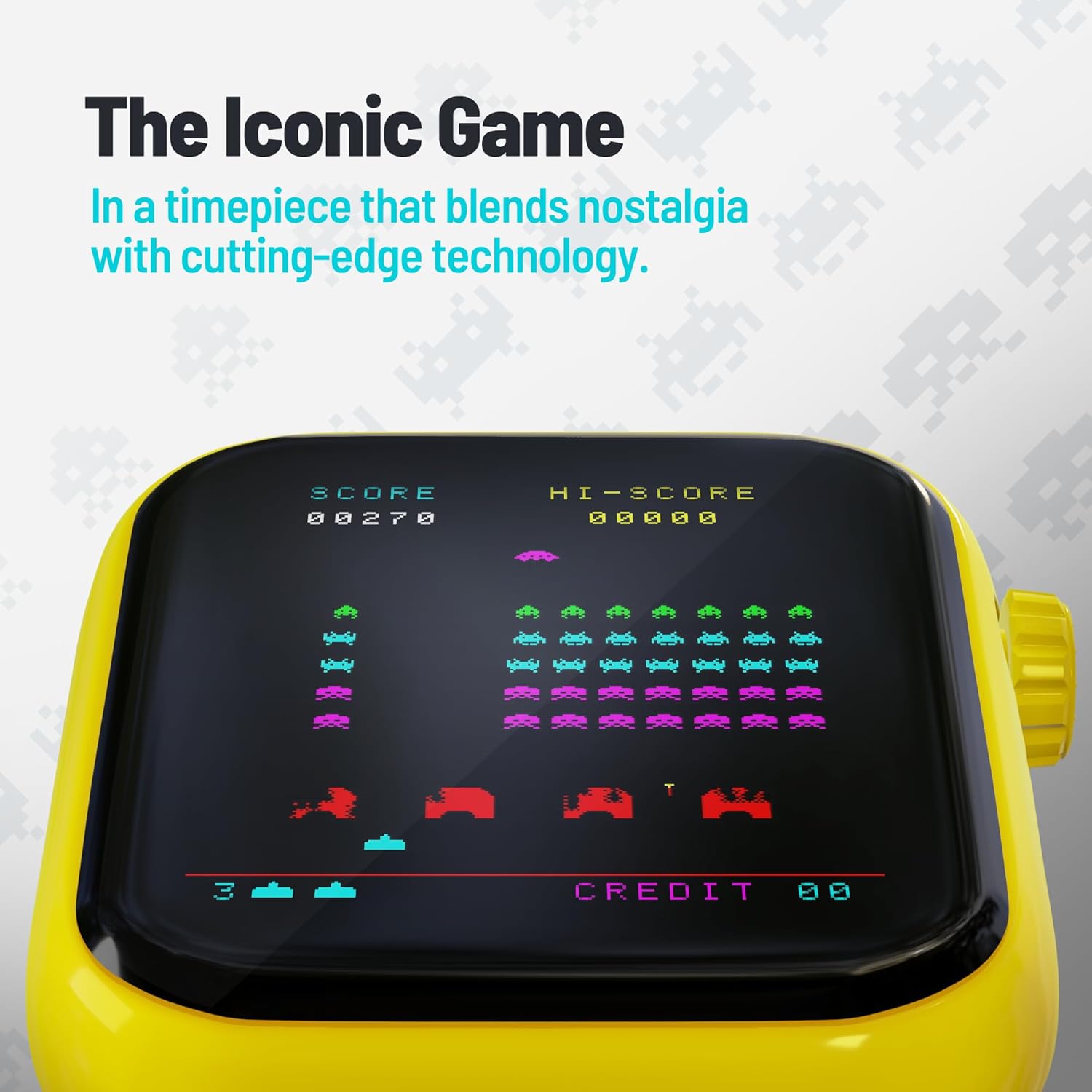 Yellow vintage-style game console with a retro game displayed on its screen against a geometric patterned background.