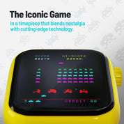 Yellow vintage-style game console with a retro game displayed on its screen against a geometric patterned background.