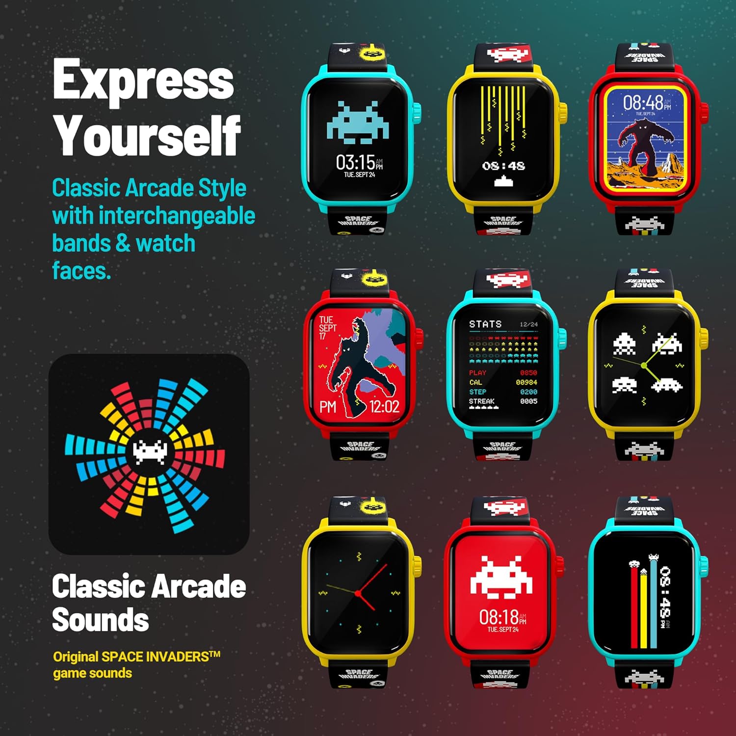 Collection of colorful arcade-style smartwatches with interchangeable bands and watch faces on a dark background.