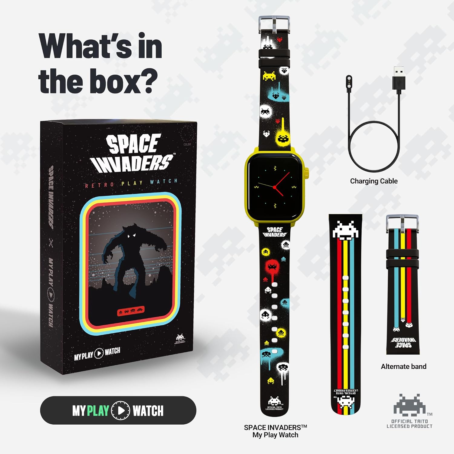 Space Invaders themed watch with packaging, charging cable, and alternate band on a light gray background.
