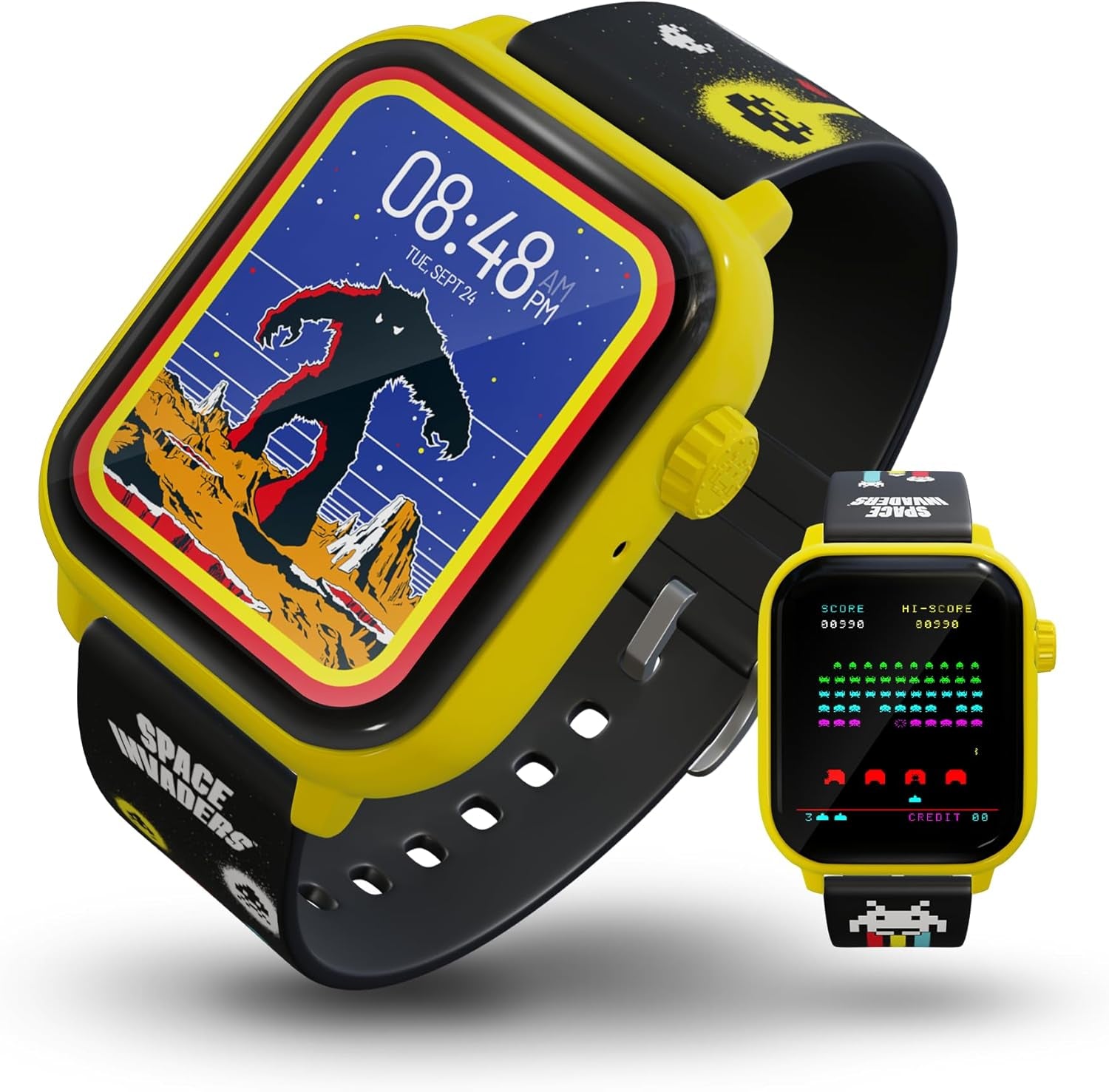 Smartwatch with a space-themed display and black and yellow strap on a white background