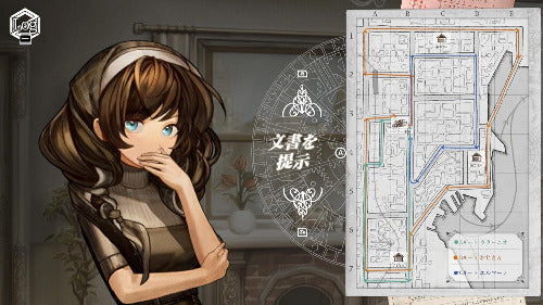 Character with braided hair and a map of a building layout in a game-like setting.