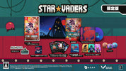 Star Vaders limited edition game box set display with Japanese text, showing the game box, art cards, discs, and collectible items on a stylized dark teal and red background.