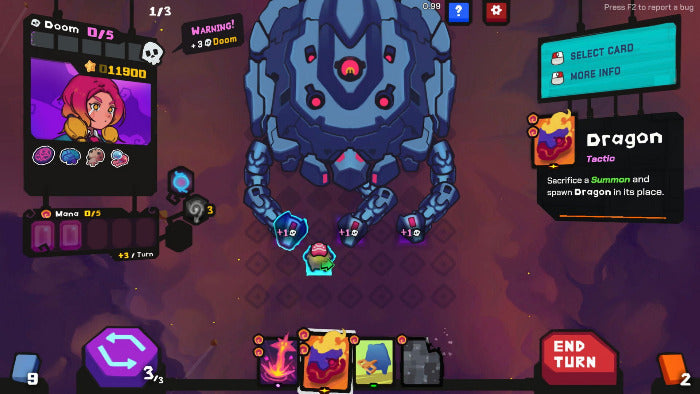 A digital screenshot from the mobile game Boom Blast, showing a player's turn with various game UI elements, including a large blue dragon, character portrait, card selection, and turn buttons.