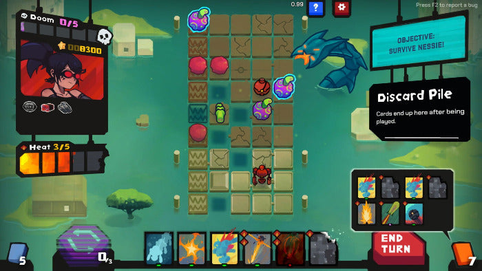 A screenshot of a stylized card game interface with a grid of cards, character portrait, discard pile, objective text, and action buttons on a teal-green background.
