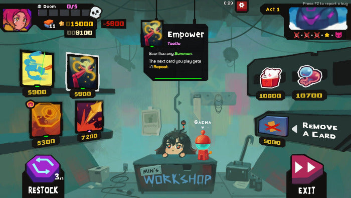A stylized digital game interface showing a workshop scene with cards, buttons, and on-screen text such as 'Empower,' 'Restock,' and 'Exit.' This is not a clean product photo, not a lifestyle scene, and not one of the auxiliary chart/swatch/instruction types; it fits best under Other as a digital-only preview/game UI.