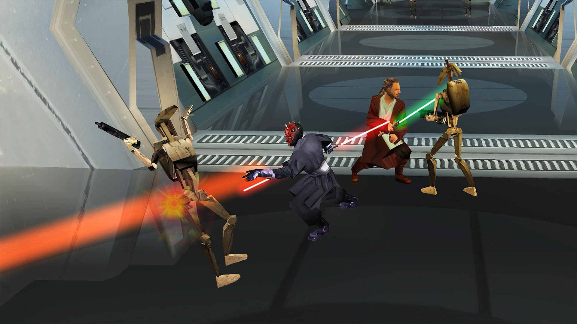 Star Wars characters in a futuristic setting with lightsabers