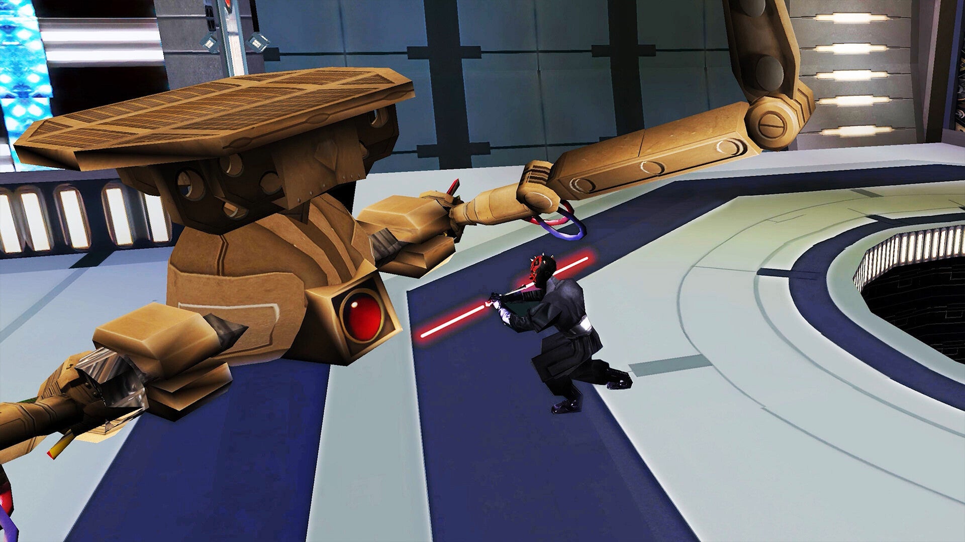 Character with a lightsaber facing a large robot in a futuristic setting
