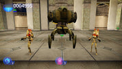 Video game scene with robot and characters in a temple-like setting