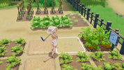 Virtual garden with plants and a character holding a hoe in a video game setting