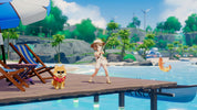 Person in a swimsuit and hat standing on a dock with a dog, surrounded by a tropical setting.