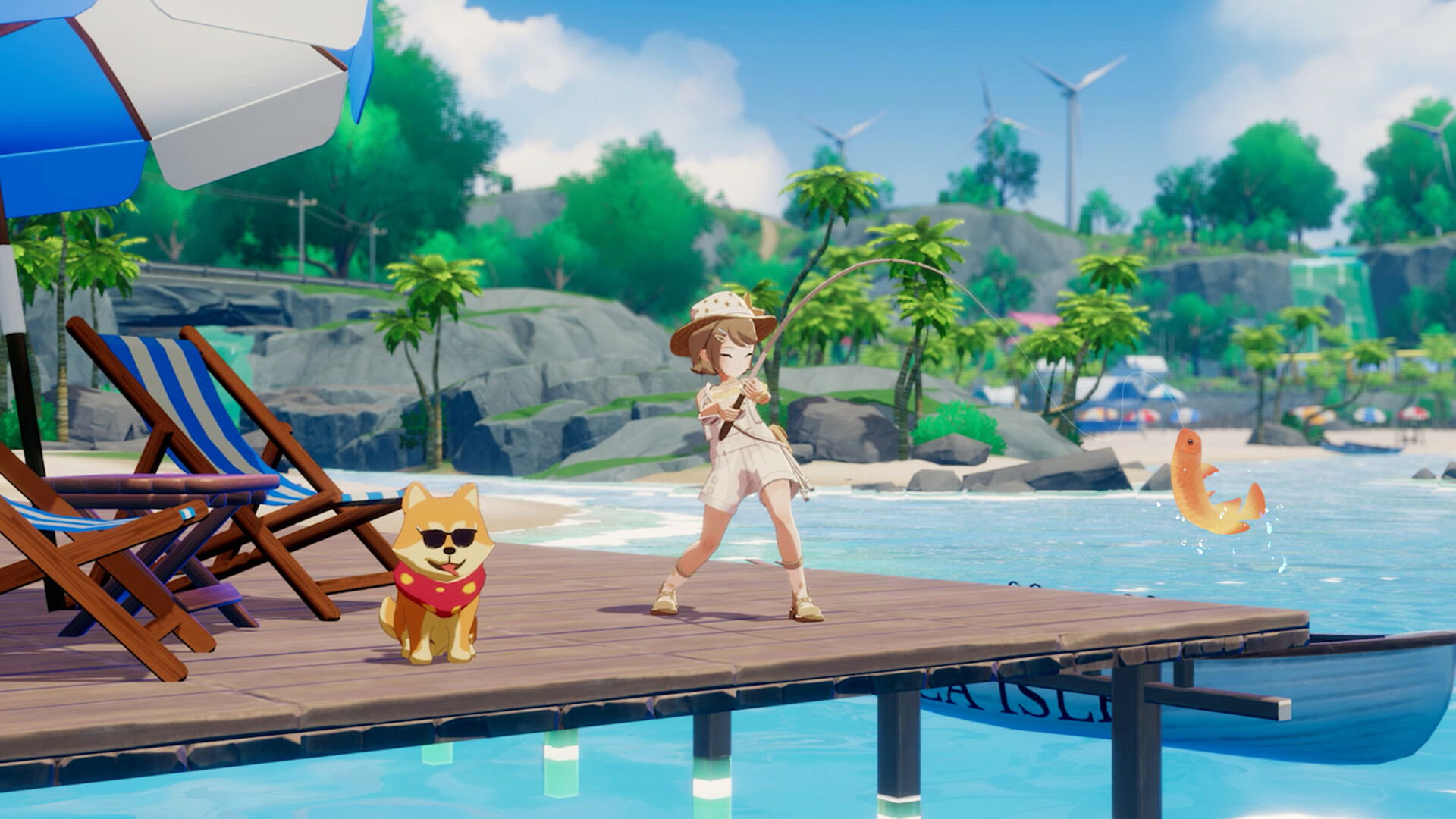Person in a swimsuit and hat standing on a dock with a dog, surrounded by a tropical setting.