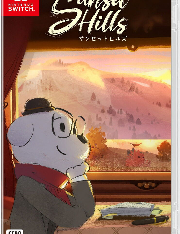 Nintendo Switch game case for 'Sunset Hills' featuring an illustrated character in a gray suit and red scarf looking out a window at a warm sunset landscape. Visible branding includes Nintendo Switch, Asmik Ace, and Cute Jack.