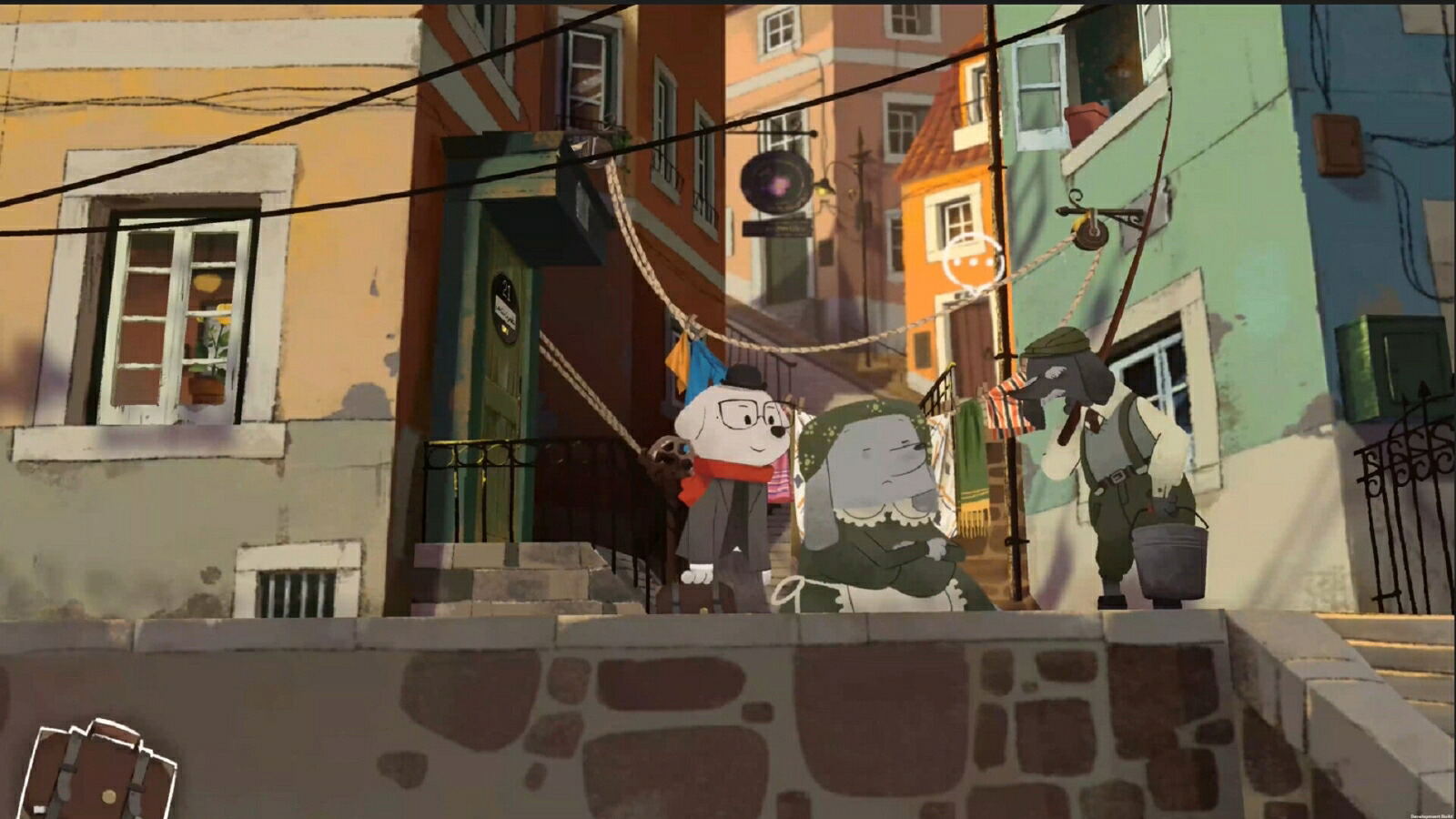 A stylized illustrated street scene with colorful buildings, hanging wires, and several cartoon-like characters standing on a stone wall in the foreground.
